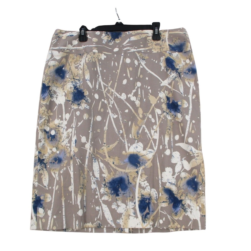 Alfani Women Size 12 Abstract Floral Splash Print Pencil Skirt Taupe Blue Cotton